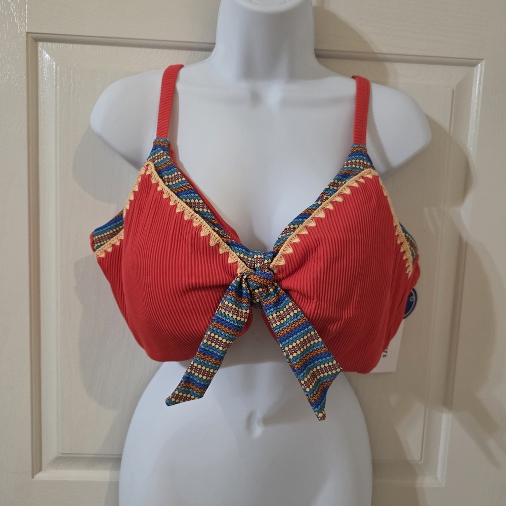 Swimsuits For All Corral Tie-Front Top with Multicolor Trim